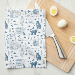 Vintage Retro Toile Pattern Cat Catnip White Blue Kitchen Towel