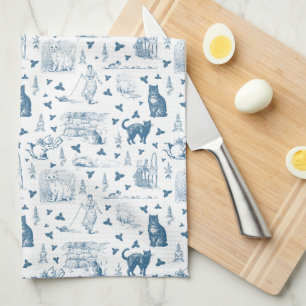 Vintage Retro Toile Pattern Cat Catnip White Blue Kitchen Towel