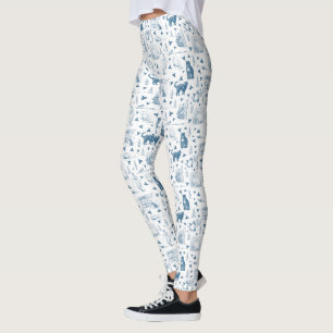 Vintage Retro Toile Pattern Cat Catnip White Blue Leggings