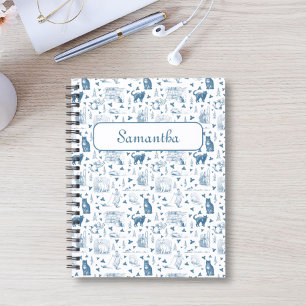 Vintage Retro Toile Pattern Cat Catnip White Blue Notebook