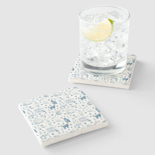 Vintage Retro Toile Pattern Cat Catnip White Blue Stone Coaster