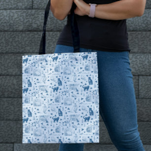 Vintage Retro Toile Pattern Cat Catnip White Blue Tote Bag