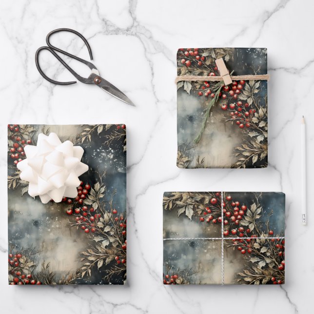 Vintage retro traditional Christmas poinsettia Wrapping Paper Sheet (Front)