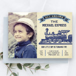 Vintage Retro Train Kids Birthday Party Invitation<br><div class="desc">Amaze your guests with this cute train theme birthday invitation featuring a vintage blue steam engine with eye catching typography against a parchment background. Simply add your event details on this easy-to-use template and adorn this card with your child's favourite photo to make it a one-of-a-kind invitation. Flip the card...</div>