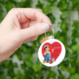 Vintage Retro Valentine's Day, Boy Fishing Hearts Keychain