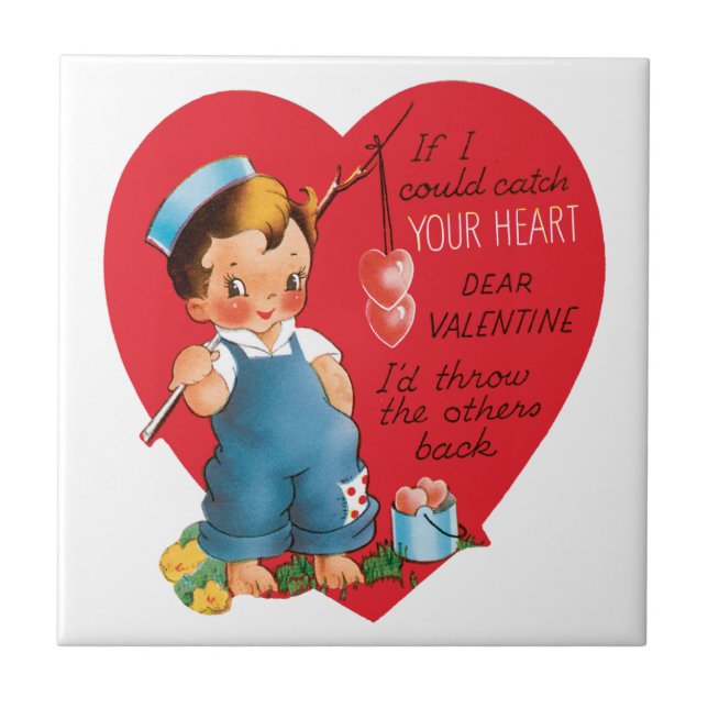 Vintage Retro Valentine's Day, Boy Fishing Hearts Tile (Front)