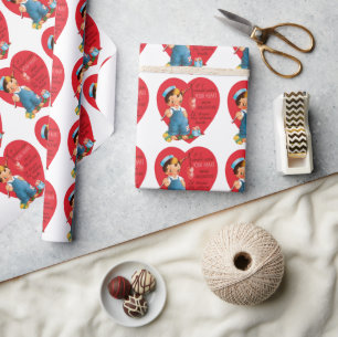 Vintage Retro Valentine's Day, Boy Fishing Hearts Wrapping Paper