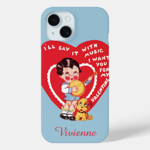 Vintage Retro Valentine's Day, Boy Music Banjo iPhone 15 Case