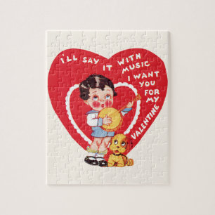 Vintage Retro Valentine's Day, Boy Music Banjo Jigsaw Puzzle