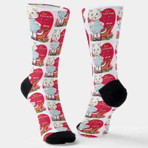 Vintage Retro Valentine's Day Cat Eating Ice Cream Socks