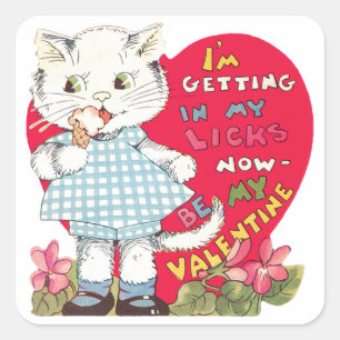 Vintage Retro Valentine's Day Cat Eating Ice Cream Square Sticker