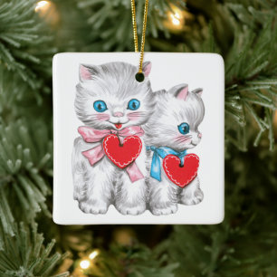 Vintage Retro Valentine's Day Cats, Cute Kitten Ceramic Ornament