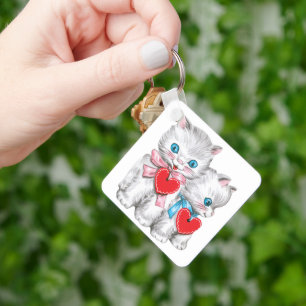 Vintage Retro Valentine's Day Cats, Cute Kitten Keychain