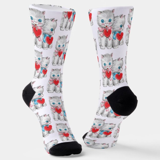 Vintage Retro Valentine's Day Cats, Cute Kitten Socks (Angled)