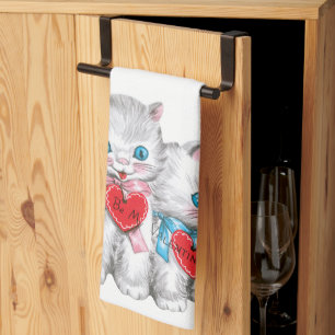 Vintage Retro Valentine's Day Cats, Fluffy Kittens Kitchen Towel