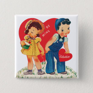 Vintage Retro Valentine's Day, Girl and Boy Hearts 2 Inch Square Button