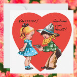 Vintage Retro Valentine's Day, Girl with Cowboy Holiday Card<br><div class="desc">Valentine! Hand Over Your Heart!
Vintage illustration Valentine's Day holiday design featuring a cute young girl dressed in a blue dress with a bow in her hair. A little boy is dressed up like a cowboy with a bandanna and toy guns There is a large red heart behind them.</div>