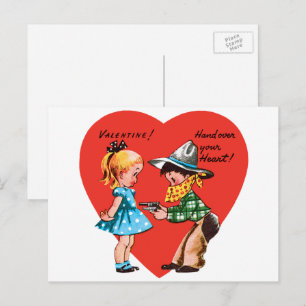 Vintage Retro Valentine's Day, Girl with Cowboy Holiday Postcard
