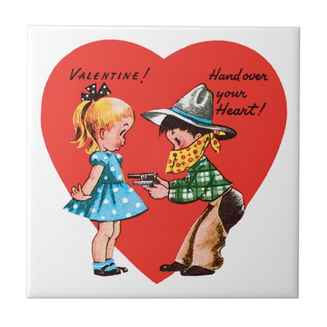 Vintage Retro Valentine's Day, Girl with Cowboy Tile (Front)