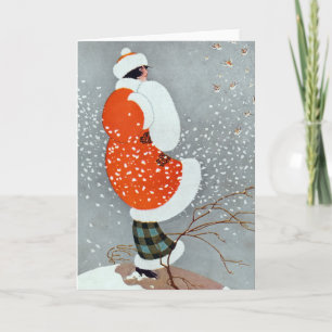 Vintage retro winter woman snow red grey white card