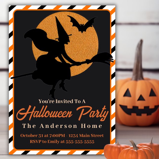 Vintage Retro Witch On Broom Custom Halloween Invitation (Vintage Retro Witch On Broom Custom Halloween Invitation)