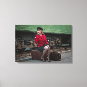 Vintage retro woman at train station canvas print