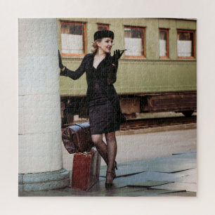 Vintage retro woman at train station jigsaw puzzle