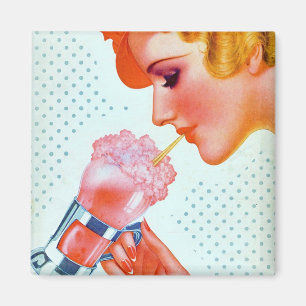 Vintage Retro Woman Drinking Pink Milkshake 1930s Magnet