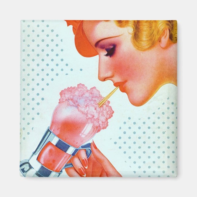 Vintage Retro Woman Drinking Pink Milkshake 1930s Magnet (Front)