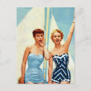 Vintage Retro Women 60s Swimwear Surfs Up! Postcard