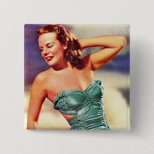 Vintage Retro Women Kitsch Forties Swimsuit Girl 2 Inch Square Button