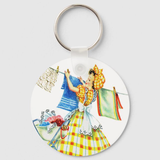 Vintage Retro Women Kitsch Laundry Day Keychain (Front)