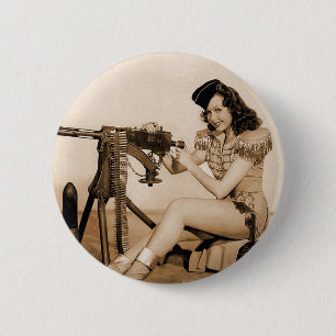 Vintage Retro Women Machine Gunner Girl 2 Inch Round Button