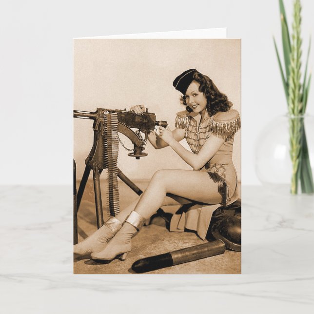 Vintage Retro Women Machine Gunner Girl Card (Front)