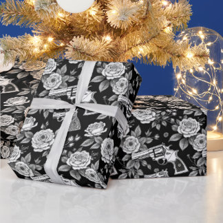 Vintage Revolver Floral Illustration Black White Wrapping Paper