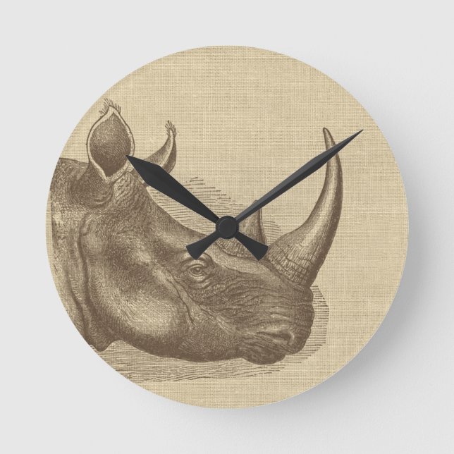 Vintage Rhino Illustration on Burlap  Round Clock (Front)