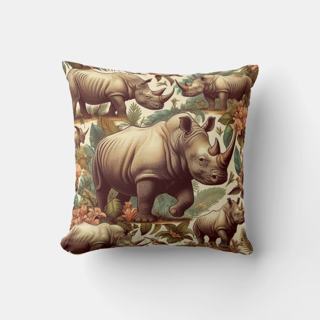 Vintage Rhino Seamless Throw Pillow (Front)