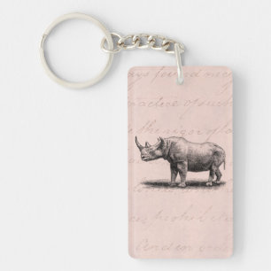 Vintage Rhinoceros Illustration Rhino Rhinos Pink Keychain