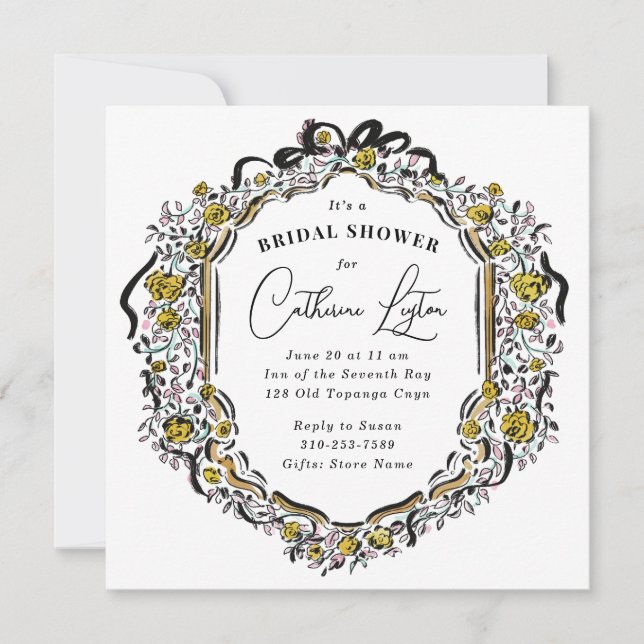 Vintage Ribbon Black Yellow Rose Bridal Shower Invitation (Front)