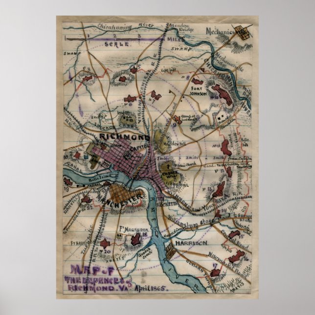 Vintage Richmond Virginia Civil War Map (1865) Poster (Front)