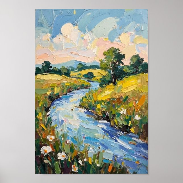 Vintage River Meadow Landscape Art Poster (Front)