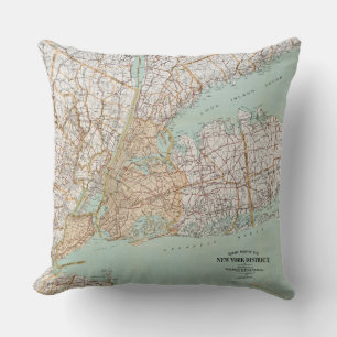 Vintage Road Map Of The New York District Gallery Throw Pillow