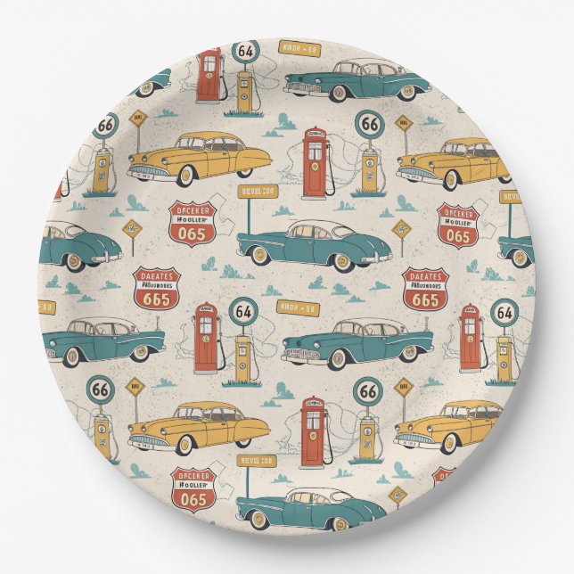 Vintage Road Trip Pattern (1) Paper Plate (Front)