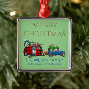 Vintage Road Trip Santa Green Metal Ornament