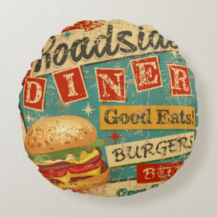 Vintage Roadside Diner metal sign. diner, retro, v Round Pillow