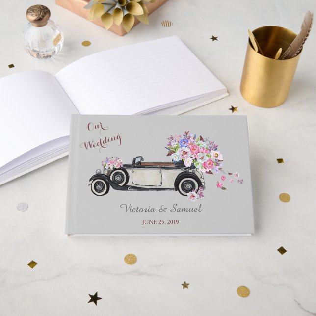 Vintage Roadster and Bouquet Wedding Guest Book (Front Open)