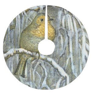 Vintage Robin bird on a snowy branch Brushed Polyester Tree Skirt