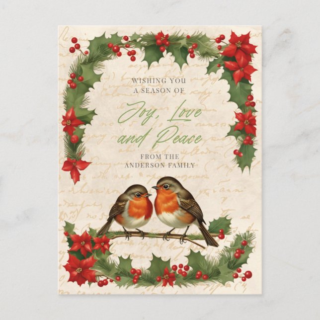 Vintage Robin Birds Christmas Wreath Holiday Postcard (Front)