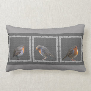 Vintage Robin birds photos rustic dark grey burlap Lumbar Pillow