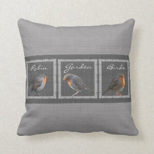 Vintage Robin birds, rustic dark grey burlap Throw Pillow